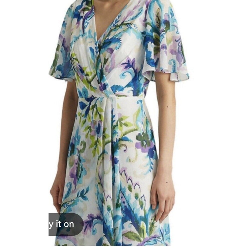 Lauren Ralph Lauren Floral Dress Size 10 Faux Wrap Flutter Sleeves V Neck